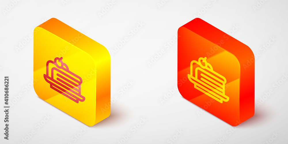 Isometric line Piece of cake icon isolated on grey background. Happy Birthday. Yellow and orange square button. Vector. Isometric line Piece of cake icon isolated on grey background. Happy Birthday. Yellow and orange square button. Vector.
