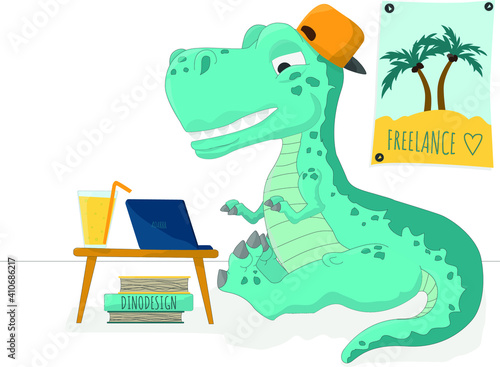 Dinosaur freelancer with a poster on the wall and a glass of lemonade