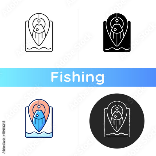 Fishing spot icon. Navigation tip for finding top fishing place. Point on map. Hobby and leasure activity. Fishery tool. Linear black and RGB color styles. Isolated vector illustrations