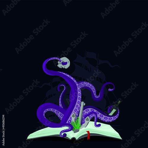 Fantasy lilac octopus with book and scull, anchor and ship in the background