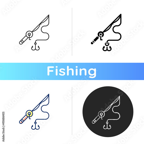 Fishing rod and reel icon. Basic fishing gear. Carbon matherial. Fishing tournament. Fishery tool. Ocean fishing, spinnerbait. Linear black and RGB color styles. Isolated vector illustrations