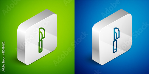 Isometric line Knife icon isolated on green and blue background. Cutlery symbol. Silver square button. Vector.
