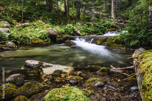 Amazing creek with little waterfall  France Pyrenees Mountains .