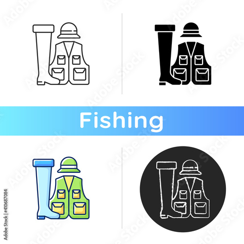 Fishermans clothing and accessories icon. Specail wearing for comfortable fishing. Fishery gear. Hobby and leasure idea. Linear black and RGB color styles. Isolated vector illustrations