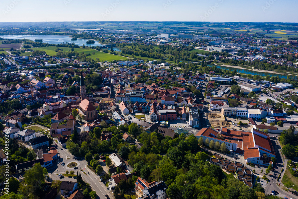 Aerial view of the city Dingolfing in Bayern in Germany, Bavaria on a sunny in spring	