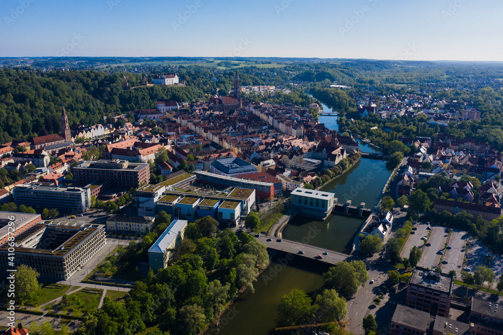 Aerial view of the city Landshut in Germany, Bavaria on a sunny late afternoon spring day	