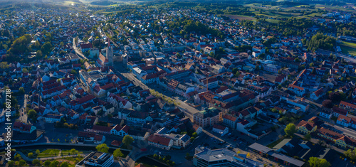 Aerial view of the city Pfaffenhofen an der Ilm in Germany  Bavaria on a sunny spring day late afternoon 