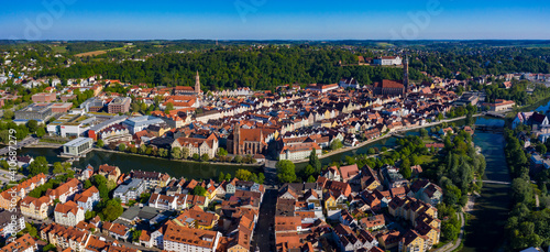 Aerial view of the city Landshut in Germany, Bavaria on a sunny late afternoon spring day 