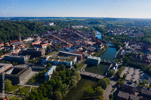 Aerial view of the city Landshut in Germany, Bavaria on a sunny late afternoon spring day 