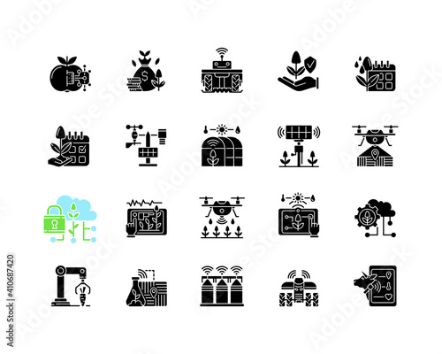Smart farm system black glyph icons set on white space. Innovation technology. Industry automatization. Digital agrotechnology. Silhouette symbols. Vector isolated illustration