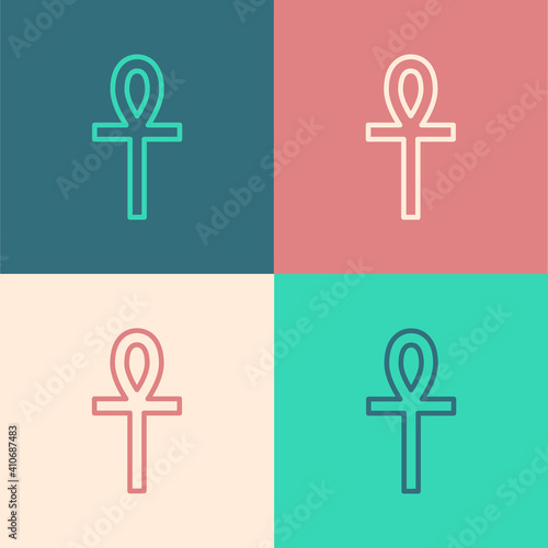 Pop art line Cross ankh icon isolated on color background. Vector.