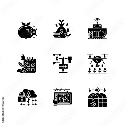 Smart farming black glyph icons set on white space. Internet of food. Maximum productivity. Agricultural industry management. Silhouette symbols. Vector isolated illustration