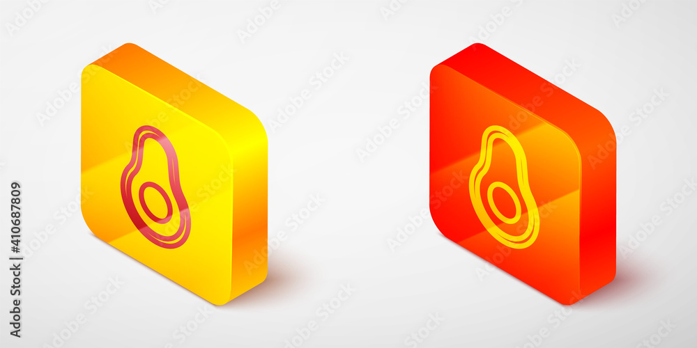 Isometric line Avocado fruit icon isolated on grey background. Yellow and orange square button. Vector. Isometric line Avocado fruit icon isolated on grey background. Yellow and orange square button. Vector.