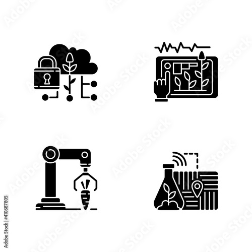 Automation of agronomy black glyph icons set on white space. Soil sampling. Data security in agriculture. Yield prediction. Harvesting robotics. Silhouette symbols. Vector isolated illustration