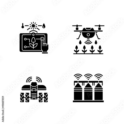 Precision agriculture black glyph icons set on white space. Automation in horticulture. Smart farm. Farming drones. Crop storage. Driverless tractor. Silhouette symbols. Vector isolated illustration
