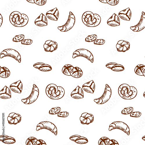 Various types of bread in a playful trendy modern style, including curasans, buns. Set of hand drawn bakery products isolated on white background.