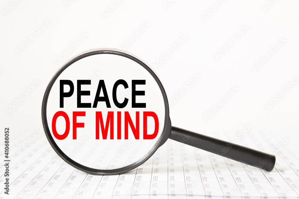 words PEACE OF MIND in a magnifying glass on a white background. business concept words PEACE OF MIND in a magnifying glass on a white background. business concept