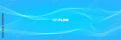 Flowing particles with depth of field. Air flow. Particle waves showing a stream of clean fresh air. Vector illustration.