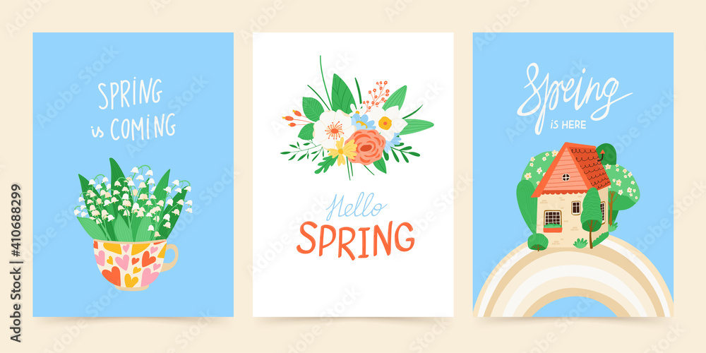 Fototapeta premium Spring set of illustrations with flowers, cup with bouquet, house on rainbow, flowering trees. Design concept of the arrival of spring. A collection of colorful posters, postcards. Vector