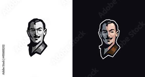 Bearded man mustache hipster, male face logo design, barber shop vintage design logo template
