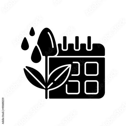 Irrigation scheduling black glyph icon. Plant watering. Agriculture equipment. Rain sensors. Evapotranspiration. Silhouette symbol on white space. Vector isolated illustration