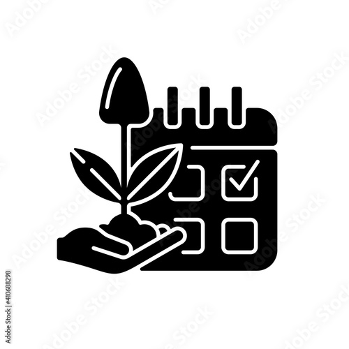 Estimating planting time black glyph icon. Growing season. Plant production. Harvesting. Smart farming. Silhouette symbol on white space. Vector isolated illustration
