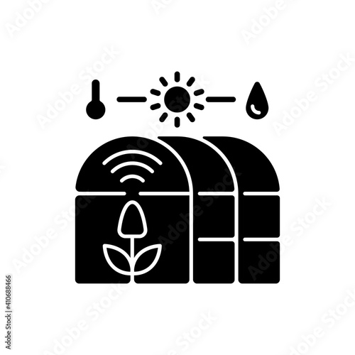 Smart greenhouse black glyph icon. Agricultural management. Cultivation environment. Indoor farming. Silhouette symbol on white space. Vector isolated illustration