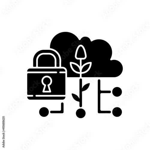Data security in agriculture black glyph icon. Information protection. Smart farm. Cybersecurity in precision agriculture. Silhouette symbol on white space. Vector isolated illustration