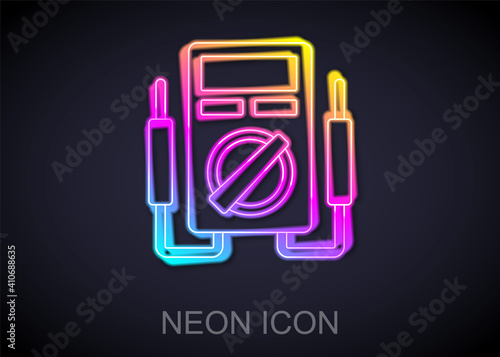 Glowing neon line Ampere meter, multimeter, voltmeter icon isolated on black background. Instruments for measurement of electric current. Vector.