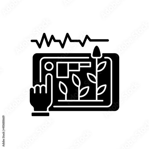 Yield prediction black glyph icon. Soil test information. Crop growth forecasting. Machine learning. Analysis system. Silhouette symbol on white space. Vector isolated illustration