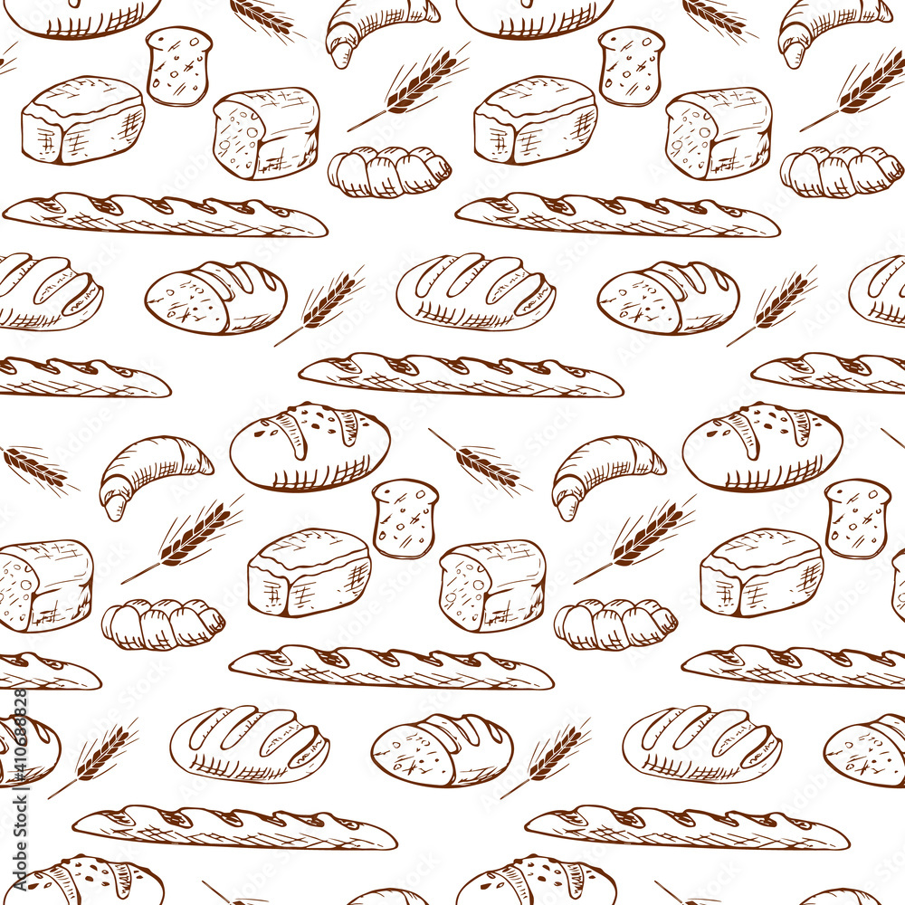 Various types of bread in a playful fashionable modern style, including baguette, bread, flour, loaf, grain. Set of hand drawn bakery products isolated on white background.