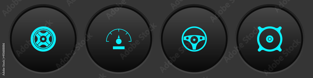 Set Car wheel, Speedometer, Steering and audio speaker icon. Vector. Set Car wheel, Speedometer, Steering and audio speaker icon. Vector.