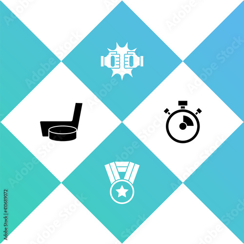 Set Ice hockey stick and puck, Medal, Punch in boxing gloves and Stopwatch icon. Vector.