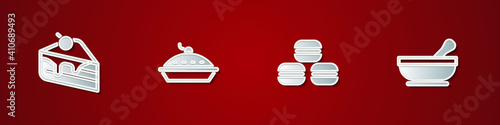 Set Piece of cake, Homemade pie, Macaron cookie and Mortar and pestle icon. Vector.
