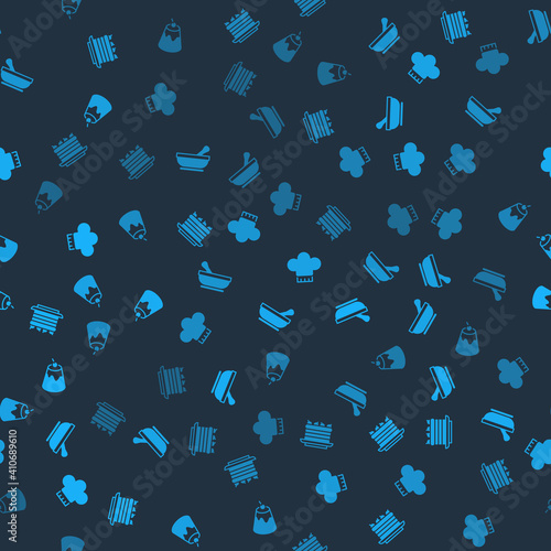 Set Cake, Mortar and pestle, Chef hat and Pudding custard on seamless pattern. Vector.