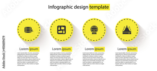 Set Wooden barrel on rack, Beer menu, and Pack of beer bottles. Business infographic template. Vector.
