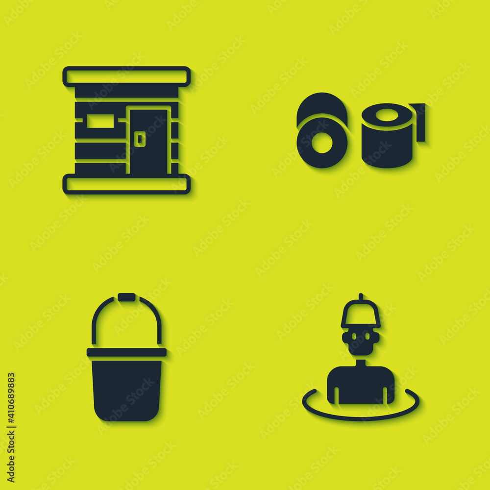 Set Sauna wooden bathhouse, Man in the sauna, bucket and Toilet paper roll icon. Vector. Set Sauna wooden bathhouse, Man in the sauna, bucket and Toilet paper roll icon. Vector.