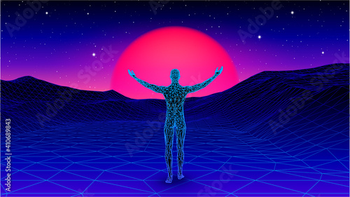 Man spreading arms and welcoming the sun in futuristic synthwave or vaporwave landscape. 80s styled retro gaming cover with human in digital world