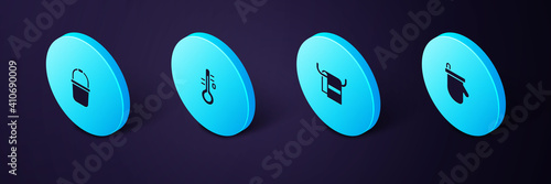 Set Isometric Sauna mittens, Towel on hanger, thermometer and bucket icon. Vector.
