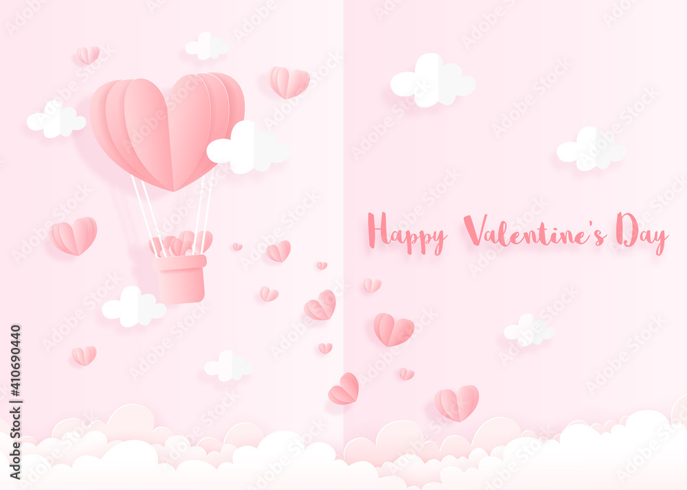 Pink heart ballon with mini hearts paper cut style for valentine's day.Love and valentine holiday invitation card concept.