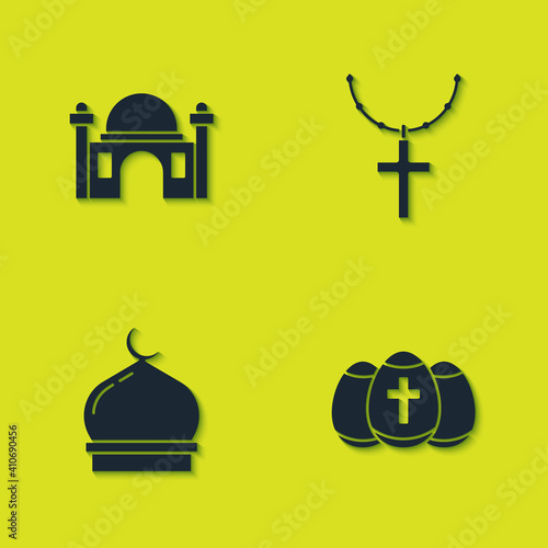 Set Muslim Mosque, Easter egg, and Christian cross on chain icon. Vector.