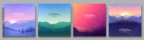 Vector illustration. A set of mountain landscapes. Geometric minimalist flat style. Sunrise, misty terrain with slopes, mountains near the forest. Design for banner, blog post, social media template