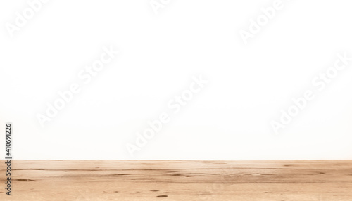 Arrière-plan blanc avec support de bois pour présentation d'objets publicitaires pour promotion de produits. Aspect sol en bois, fond blanc uni. 