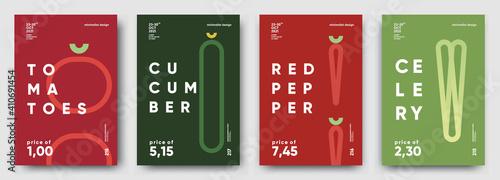Tomatoes, Cucumber, Red pepper, Celery. Price tag, label or poster. Set of posters, vegetables and herbs in a minimalist design. Flat vector illustration. 