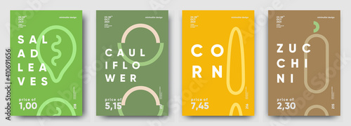 Salad leaves, cauliflower, Corn, Zucchini. Price tag, label or poster. Set of posters, vegetables and herbs in a minimalist design. Flat vector illustration.
