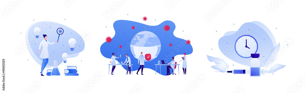 Vaccination and virus study concept. Vector flat people illustration set. Vaccine shot in syringe. Red shield symbol. Male and female team of scientist research. Planet earth with face medical mask.