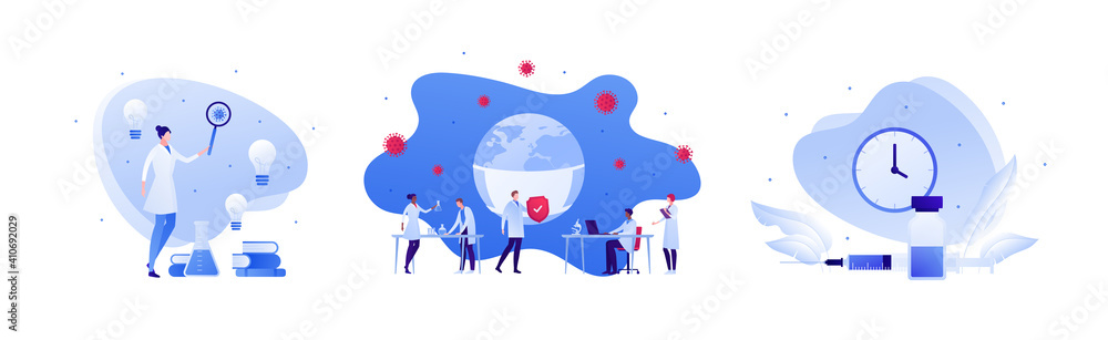 Vaccination and virus study concept. Vector flat people illustration set. Vaccine shot in syringe. Red shield symbol. Male and female team of scientist research. Planet earth with face medical mask. Vaccination and virus study concept. Vector flat people illustration set. Vaccine shot in syringe. Red shield symbol. Male and female team of scientist research. Planet earth with face medical mask.