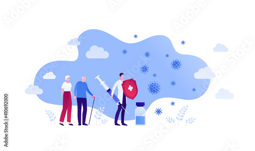 Vaccination for senior people and covid virus protection concept. Vector flat illustration. Doctor holding vaccine shot in syringe and red shield with white cross. Elderly man and woman patient family