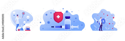 Vaccination and virus study concept. Vector flat people illustration set. Vaccine shot in syringe. Red shield with white cross safety symbol. Female scientist and male doctor. Lab tube and book.