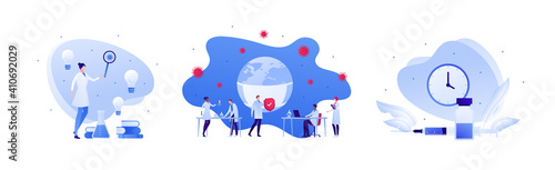 Vaccination and virus study concept. Vector flat people illustration set. Vaccine shot in syringe. Red shield symbol. Male and female team of scientist research. Planet earth with face medical mask.